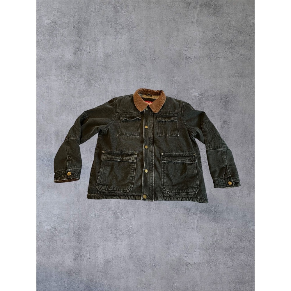 Wrangler Chore Jacket Mens L Black Denim Sherpa Lined Corduroy Collar